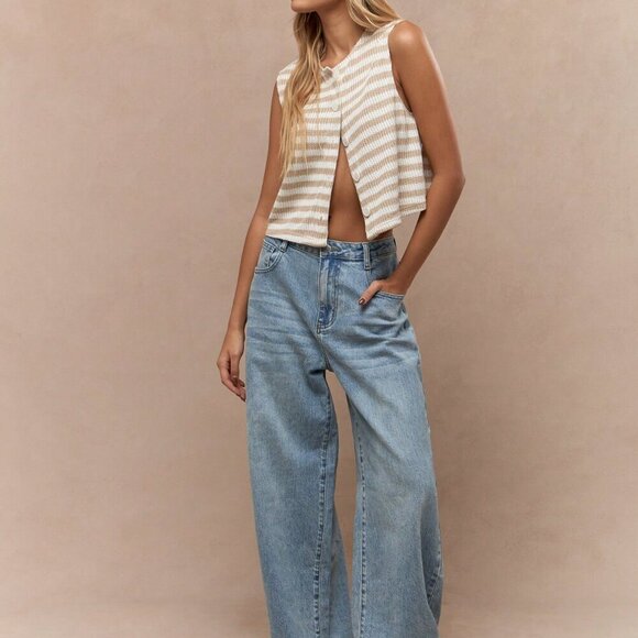 Multicolor Casual Women's Striped Knit Mesh Buttoned Sleeveless Top - Picture 4 of 4